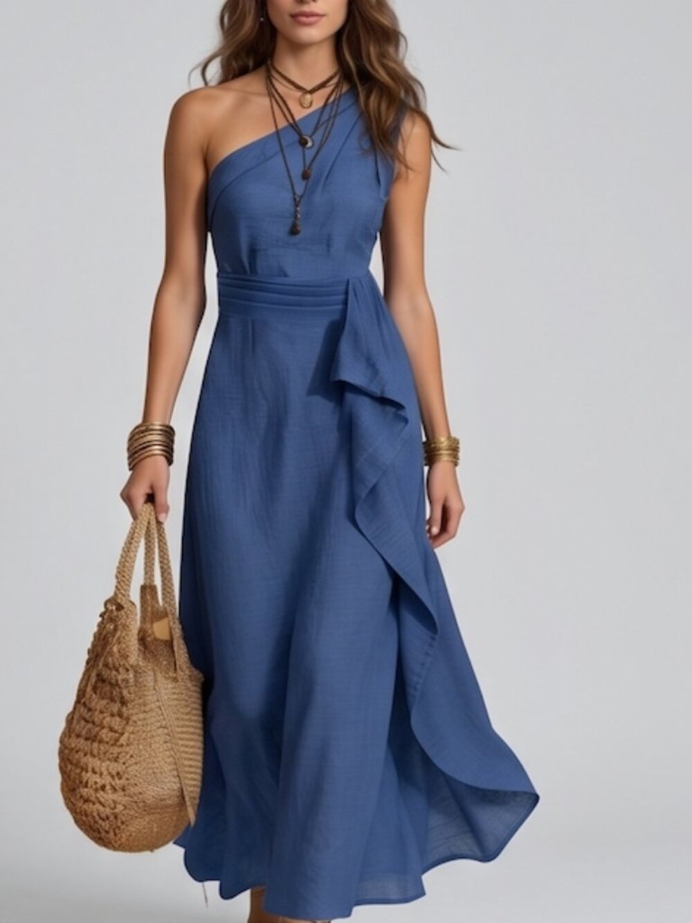 One Shoulder Maxi Dress Asymmetrical Ruffle Blue